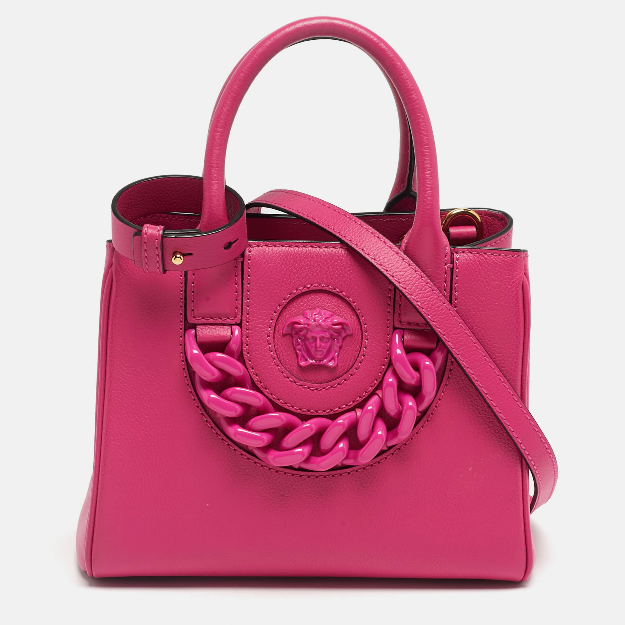 Pre Owned Versace Magenta Leather La Medusa Chain Tote