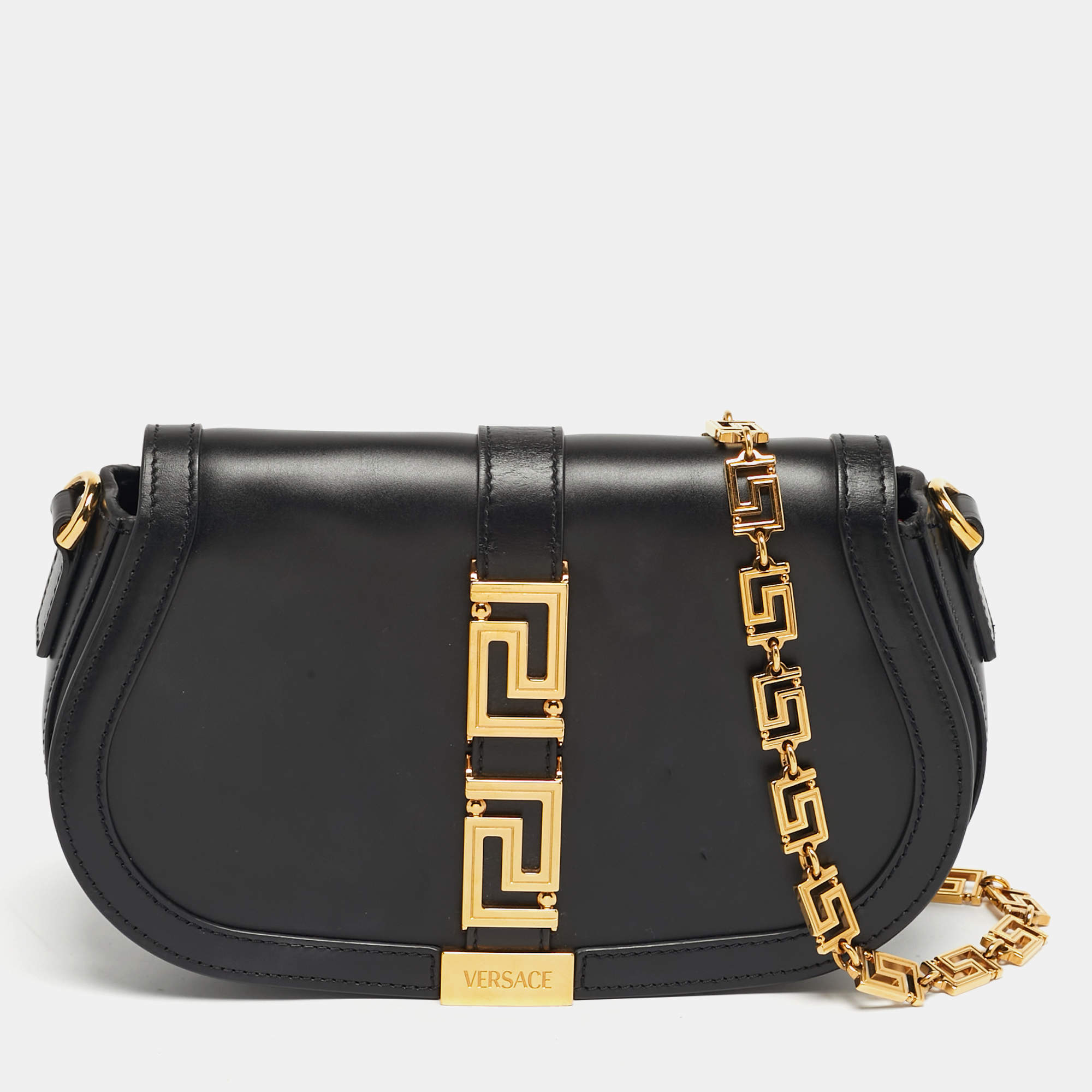 مملوكة مسبقًا Versace Greca Goddess Black Leather Flap Shoulder Bag