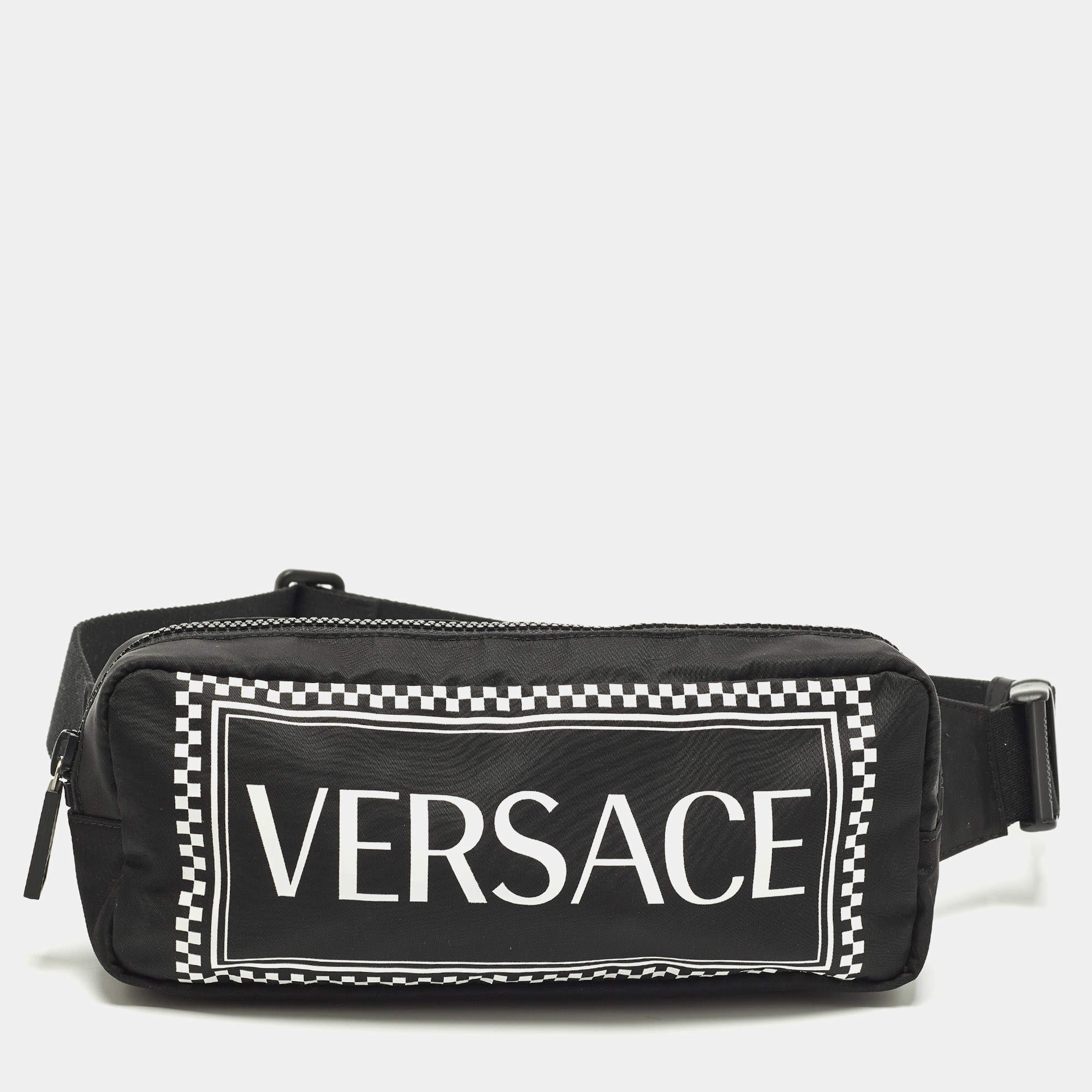 Pre Owned Versace Logo Black/White Nylon Belt Bag