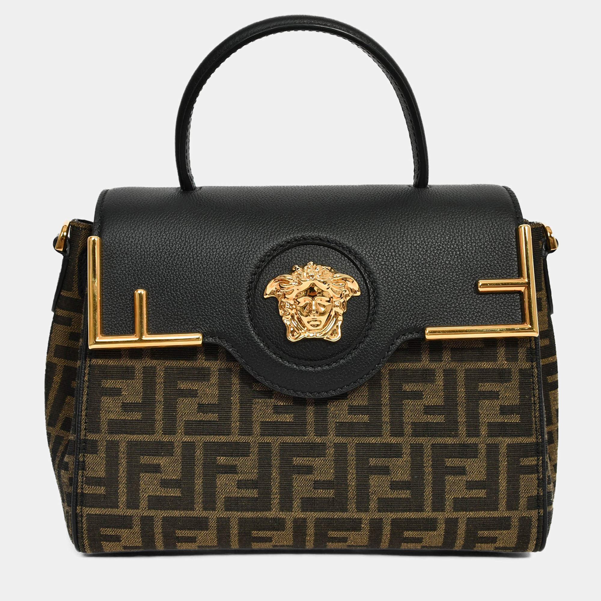 مملوكة مسبقًا Fendi x Versace Black Leather/Zucca Top Handle Bag with Strap