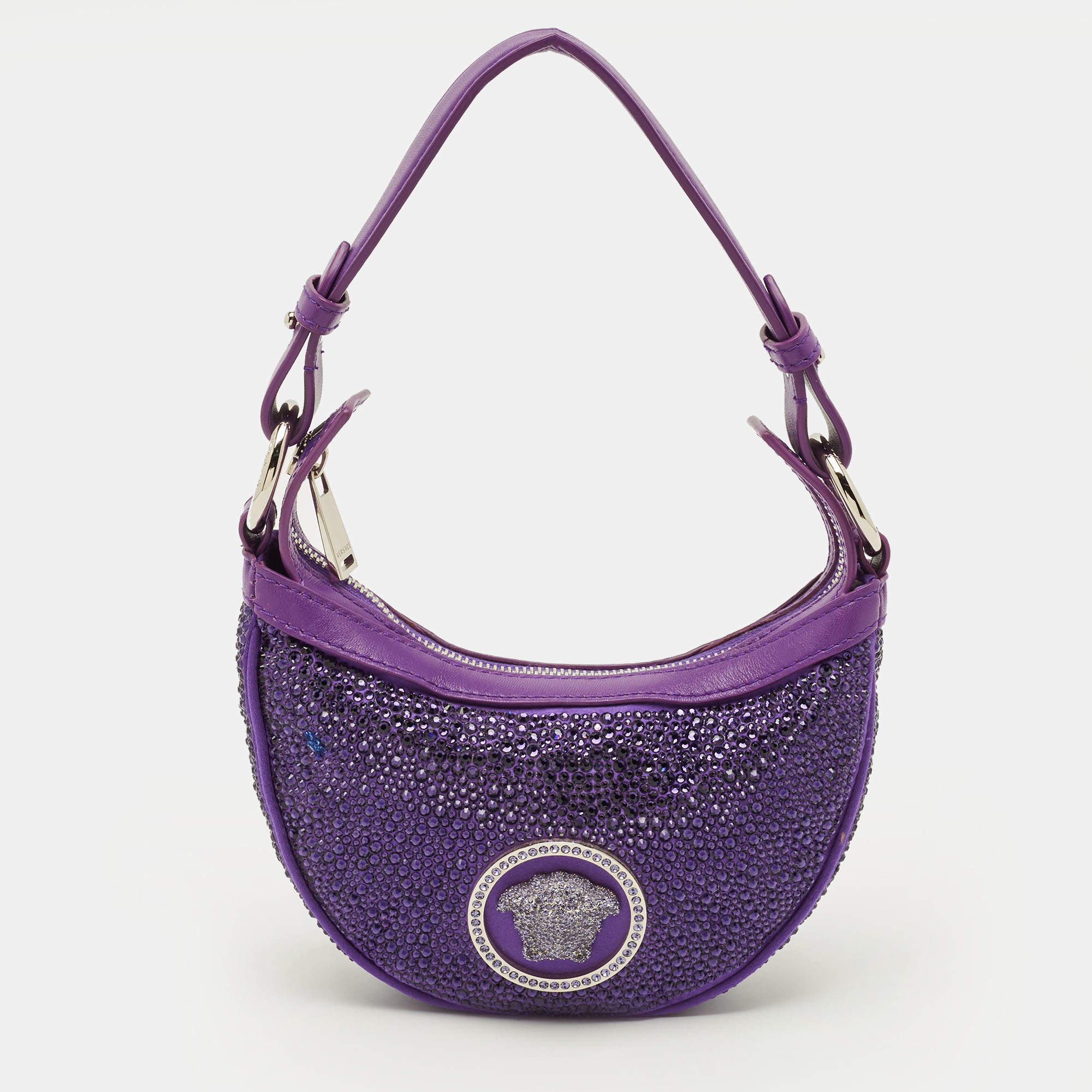 مملوكة مسبقًا Versace Repeat Crystal Studded Mini Purple Satin Hobo