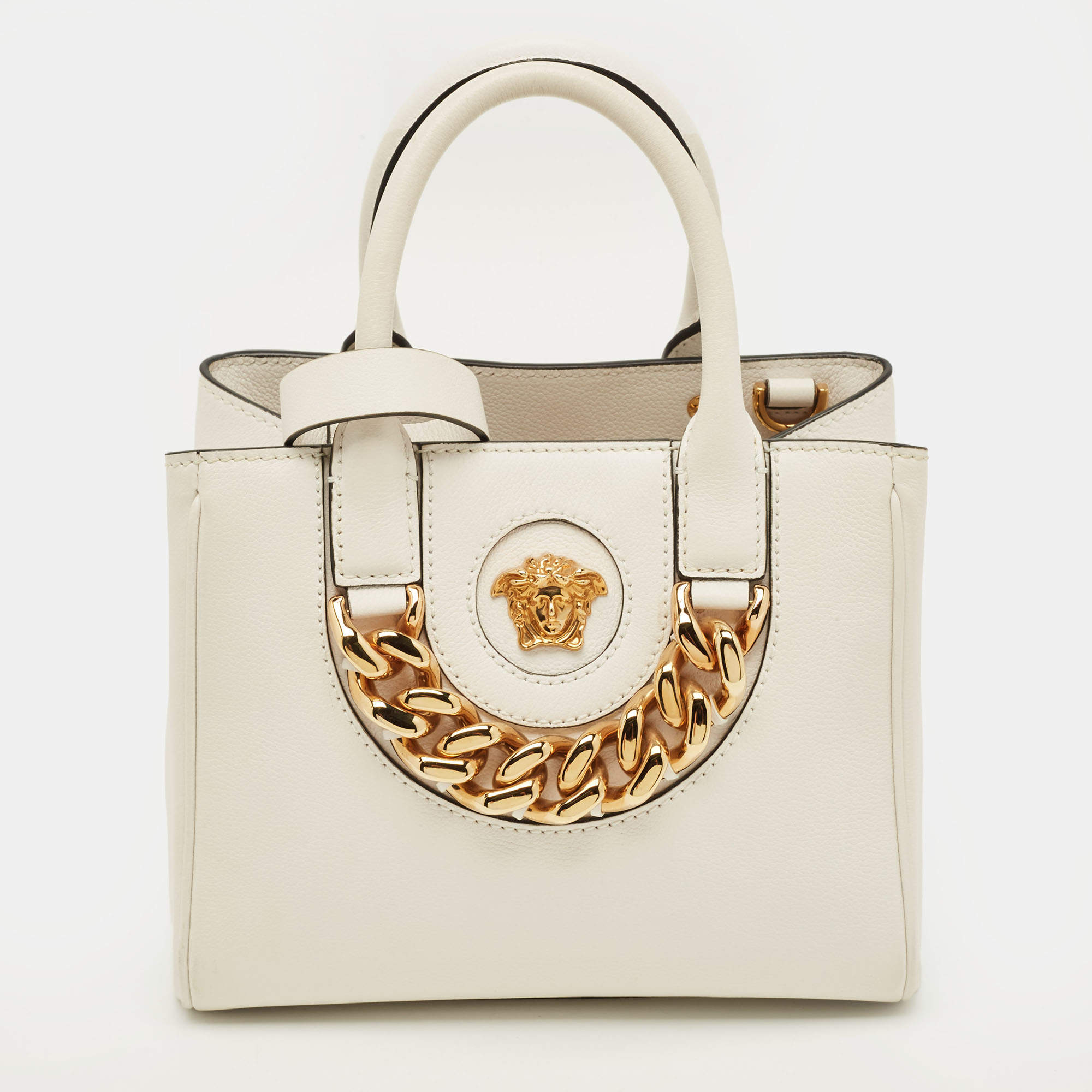 Pre Owned Versace La Medusa Chain White Leather Tote