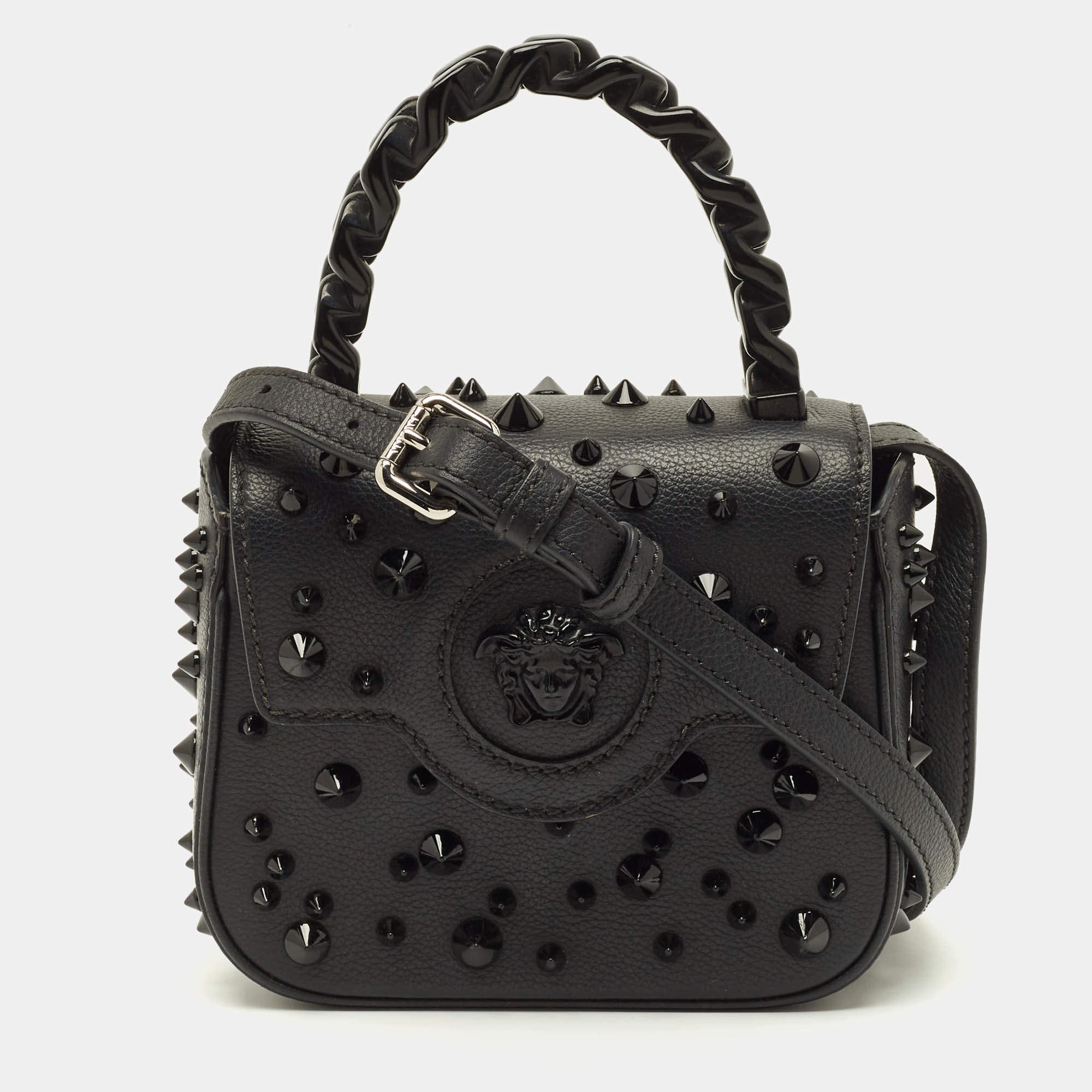 Pre Owned Versace Studded La Medusa Mini Black Leather Top Handle Bag