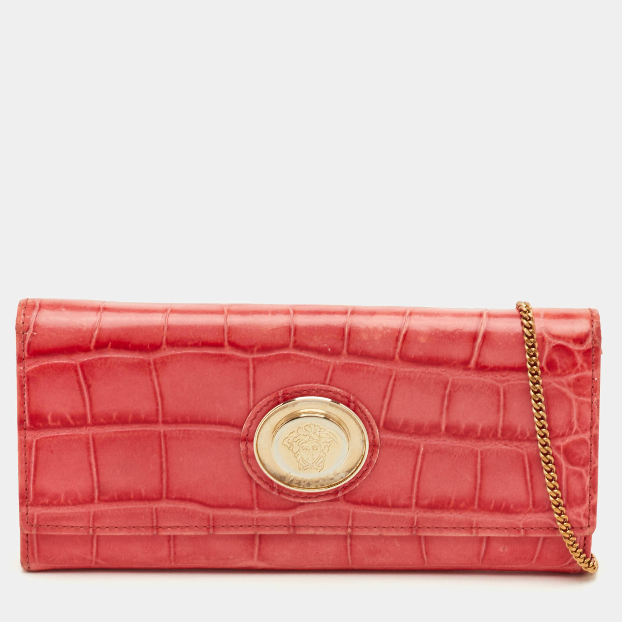 Pre Owned محفظة فيرساتشي لا ميدوسا جلد منقوش كروك أحمر حجم متوسط بسلسلة