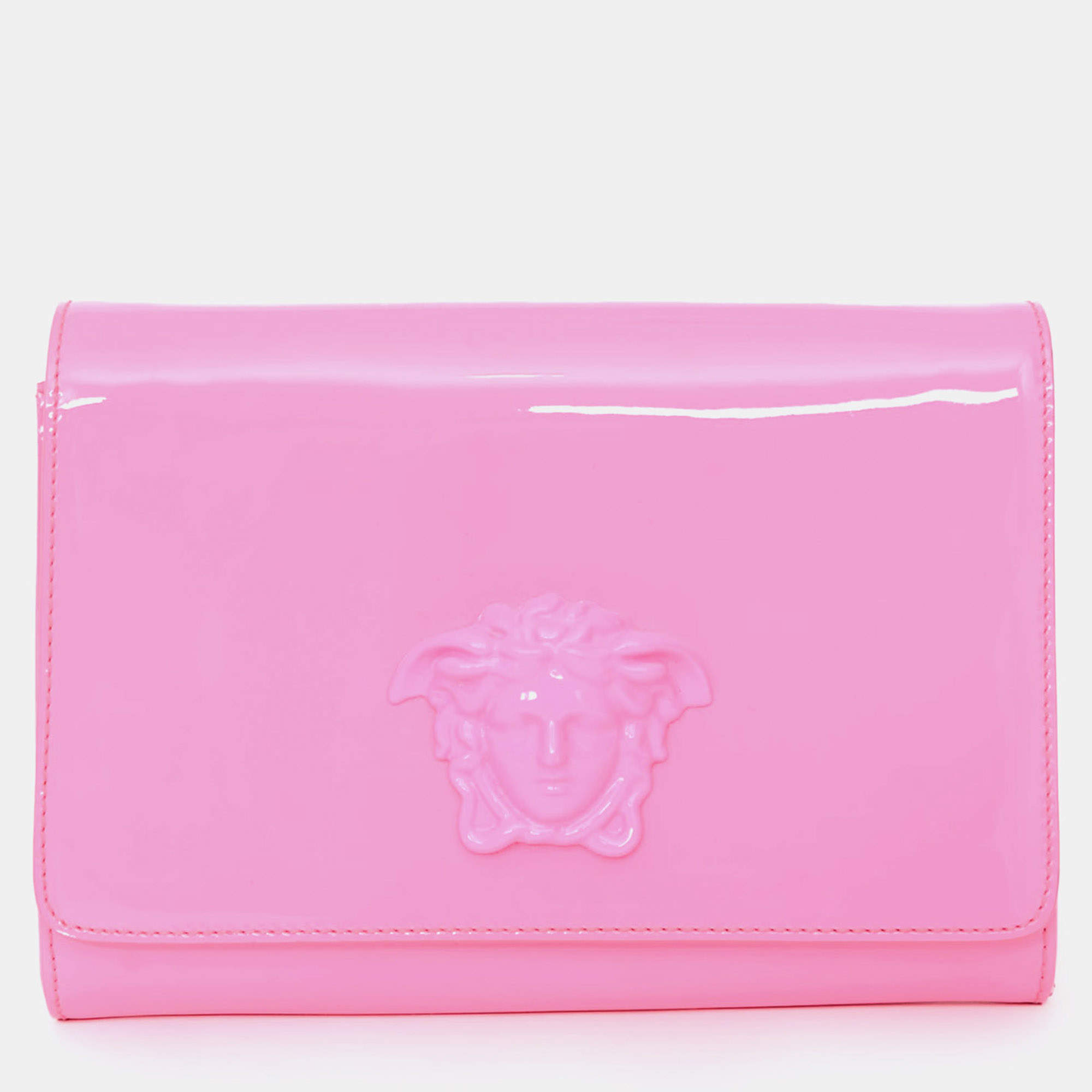 Pre Owned Versace Hot Pink Patent Leather Medusa Clutch with Chain