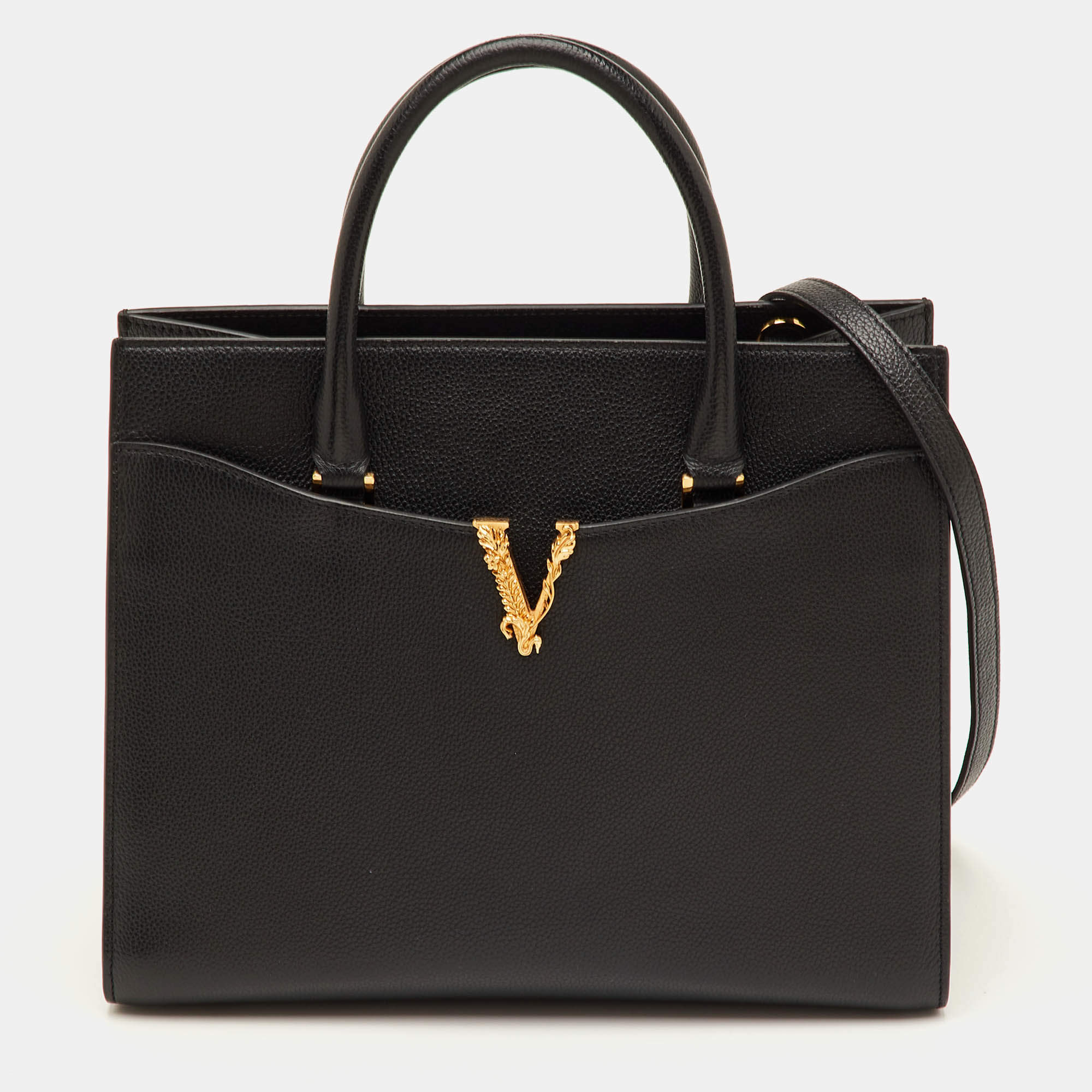 Pre Owned Versace Virtus Black Pebbled Leather Tote