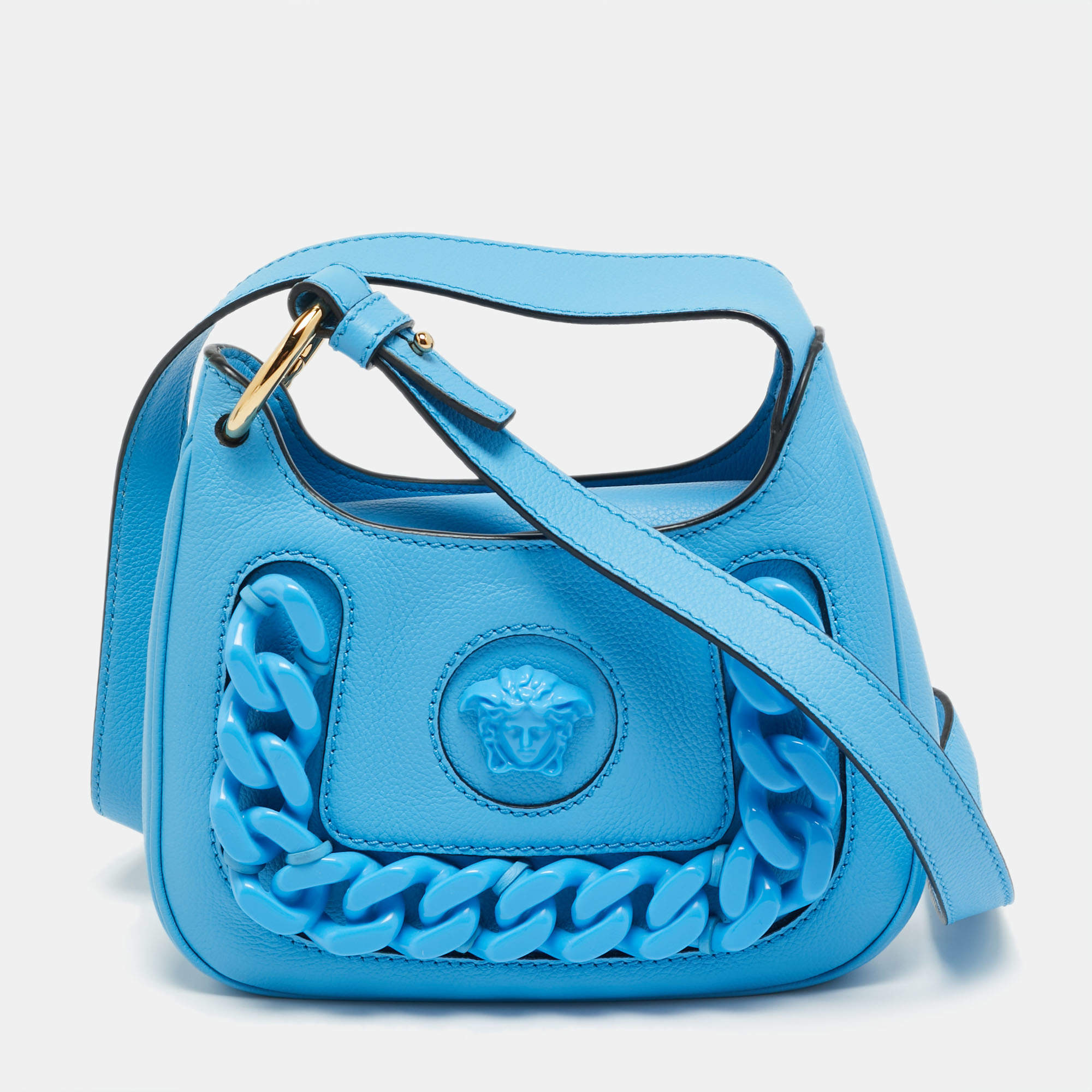 Pre Owned Versace La Medusa Small Light Blue Leather Chain Hobo