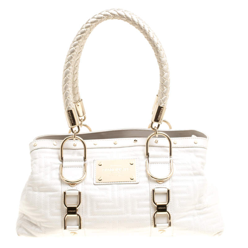 Pre Owned Versace White Quilted Leather Snap Out Of It Tote