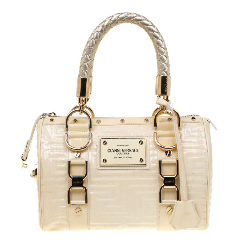 Versace Off White Quilted patent Leather Small Snap Out Of It Satchel