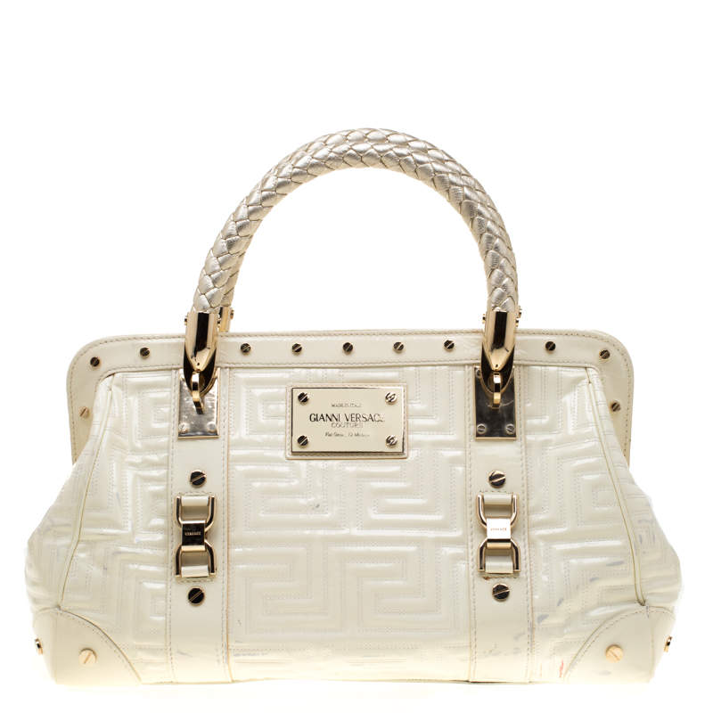 Versace Cream Quilted Patent Leather Snap Out Of It Satchel
