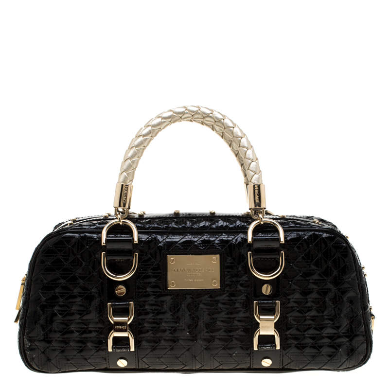 Versace Black Woven Patent Leather Snap Out Of It Satchel