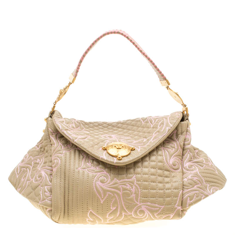 Versace Beige/Pink Quilted Barocco Leather Top Handle Bag