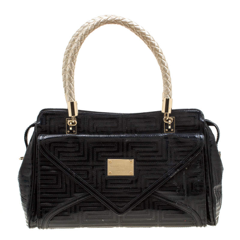 Pre Owned Versace Black/Gold Quilted Patent Leather Satchel
