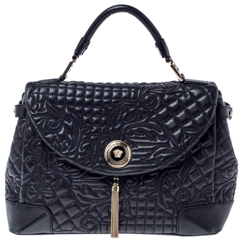 Pre Owned Versace Black Barocco Leather Altea Top Handle Bag