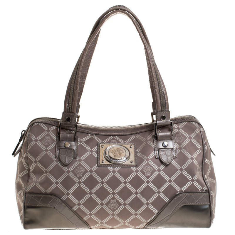 Pre Owned Versace Metallic Beige Signature Canvas and Leather Boston Bag