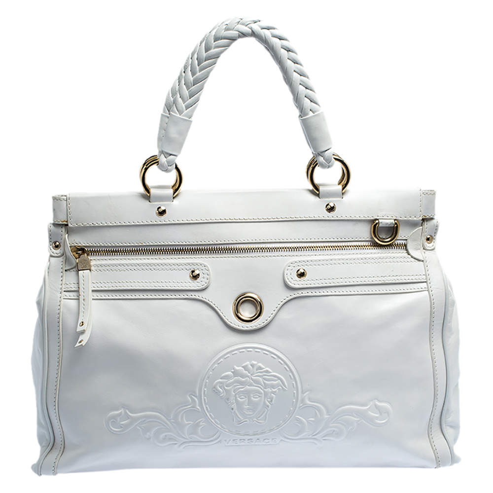 Versace White Leather Logo Embossed Tote