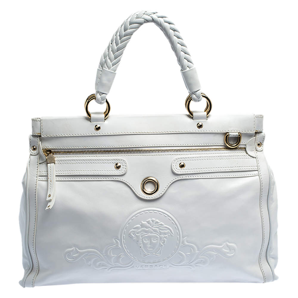 مملوكة مسبقًا Versace White Leather Logo Embossed Tote