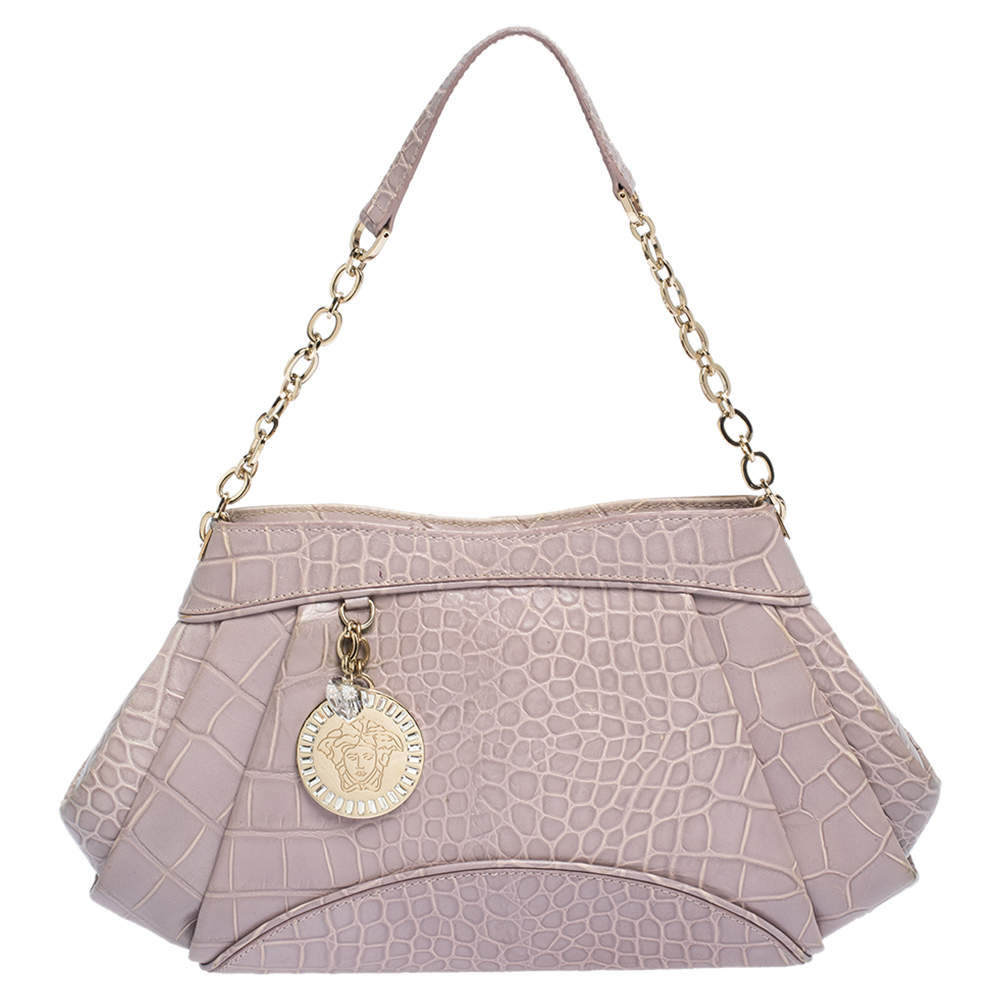 Pre Owned Versace Old Rose Croc Embossed Leather Shoulder Bag