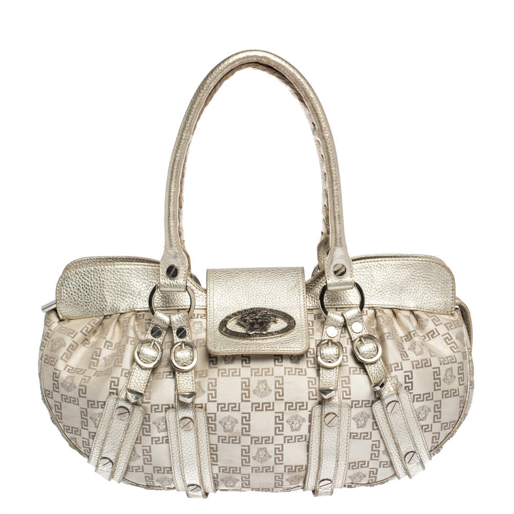 Versace Gold Signature Canvas and Leather Medussa Buckle Satchel