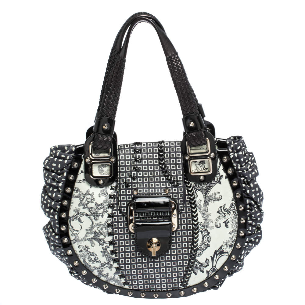 Versace Black/Green Printed Leather Studded Ruffle Hobo