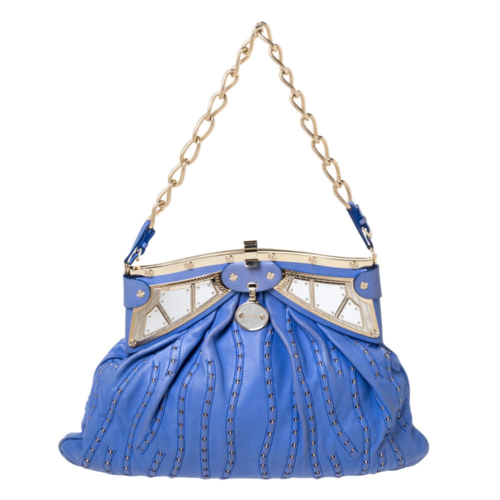 Versace Blue Leather Mirror Frame Chain Shoulder Bag