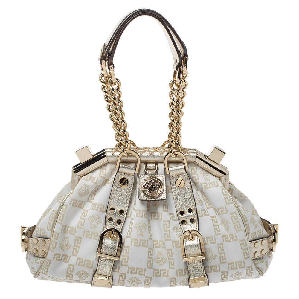 Versace Gold/White Signature Fabric and Leather Frame Satchel