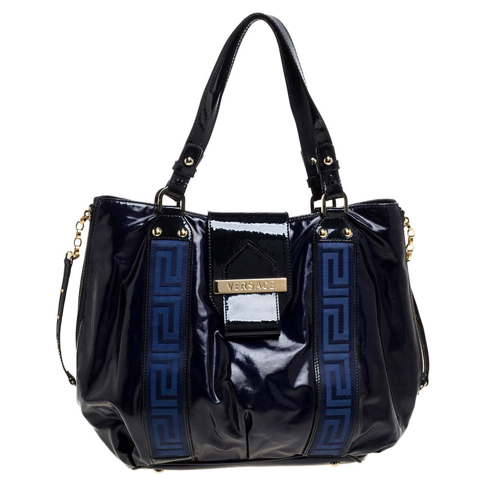 Pre Owned Versace Two Tone Blue Patent Vinyl and Leather Side Zip Tote