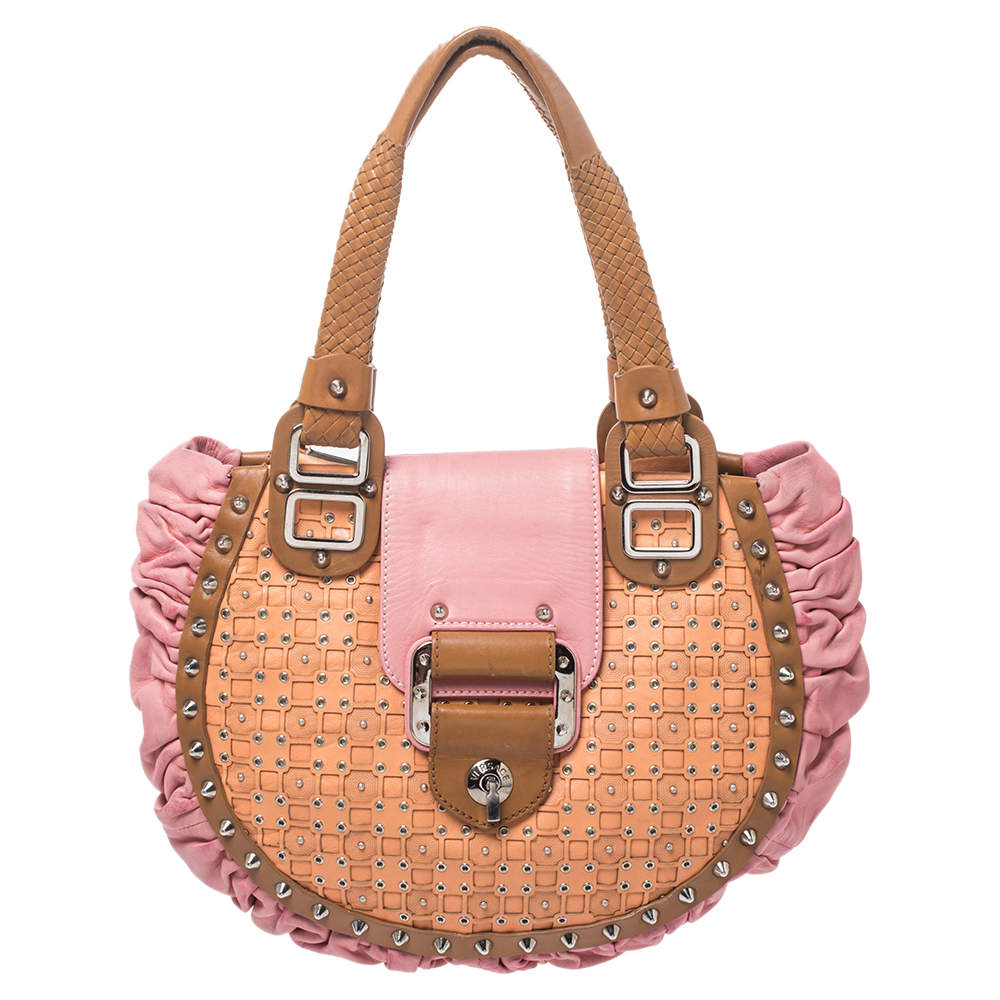 Pre Owned Versace Multicolor Pleated Leather Spike Studded Shoulder Bag