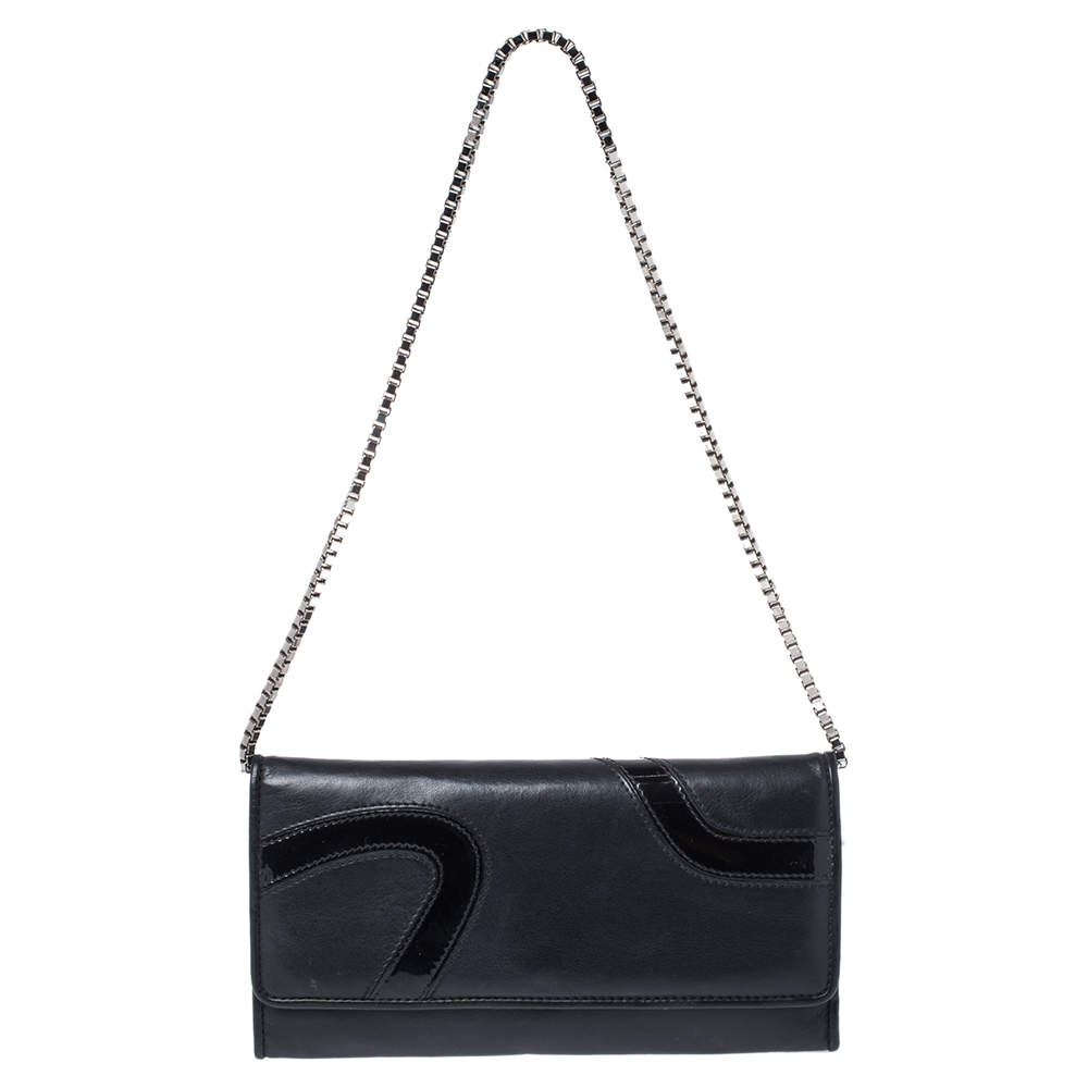 Pre Owned Versace Black Leather and Patent Leather Wallet on Chain