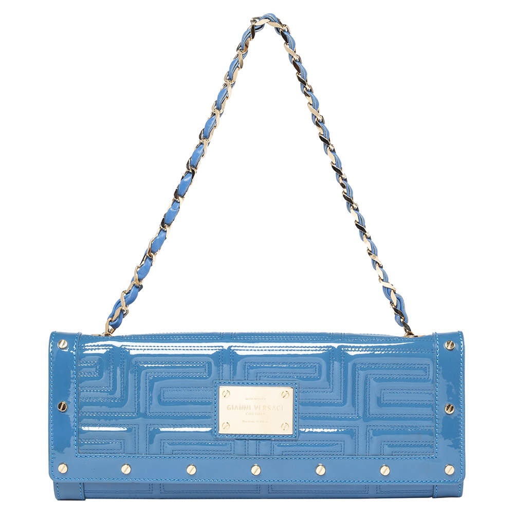 Versace Blue Quilted Patent Leather Flap Shoulder Bag