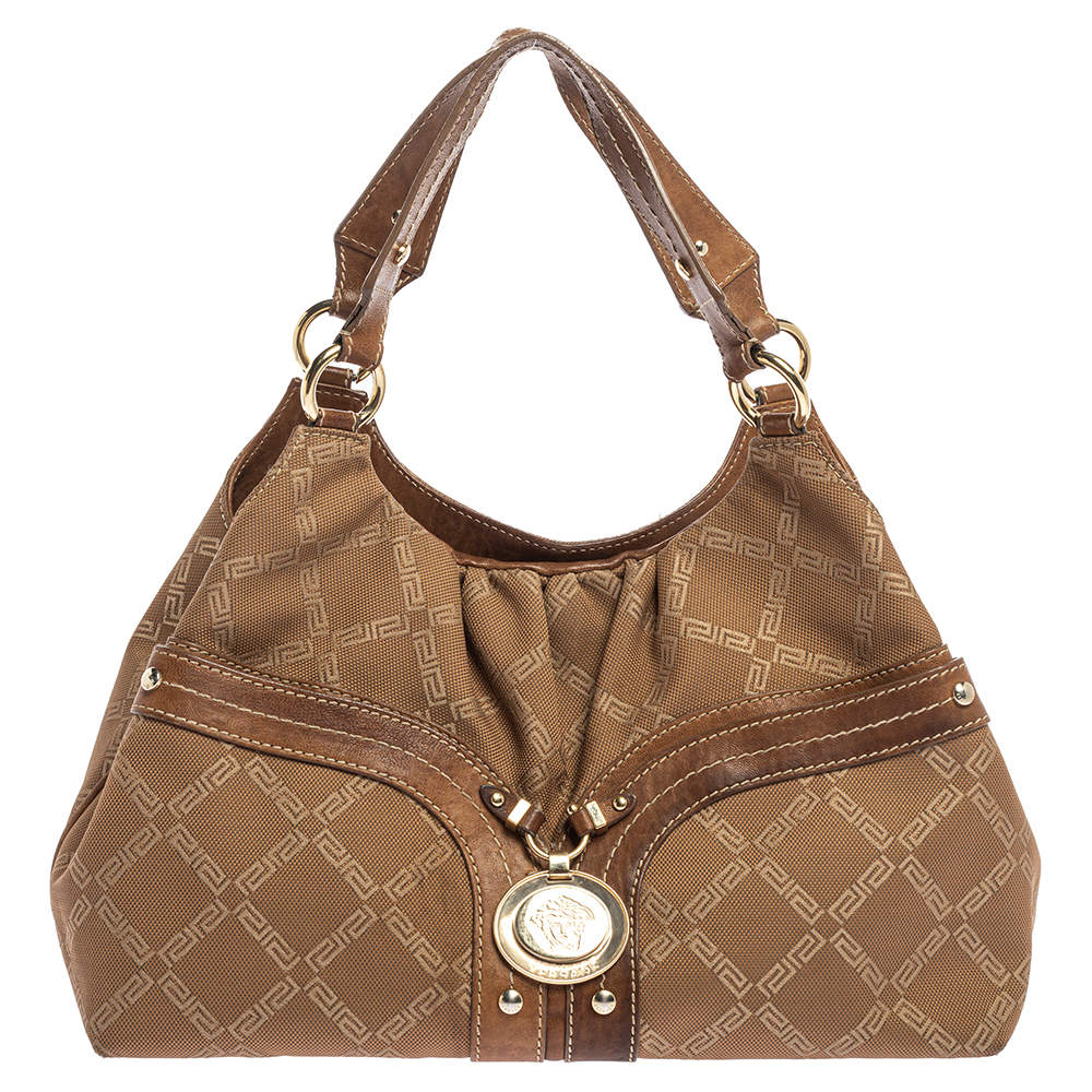 Versace Brown Signature Canvas and Leather Palazzo Plaque Shoulder Bag ...