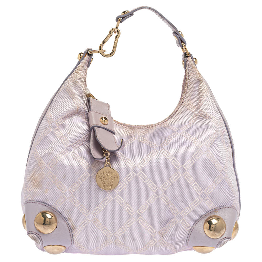 مملوكة مسبقًا حقيبة هوبو فيرساتشي مرصعة صغيرة جلد و كانفاس مطبوع شعار الماركة بنفسجي فاتح