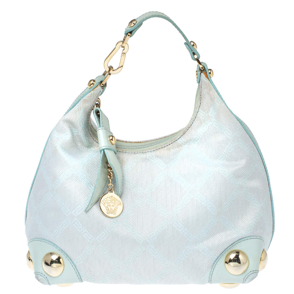 Versace Light Turquoise Signature Canvas and Leather Small Studded Hobo 
