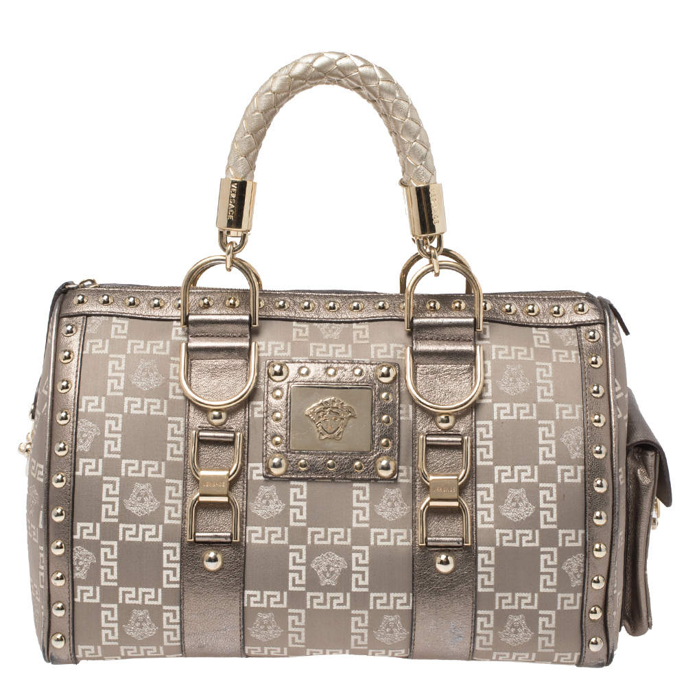 مملوكة مسبقًا Versace Beige/Metallic Fabric and Leather Snap Out Of It Satchel