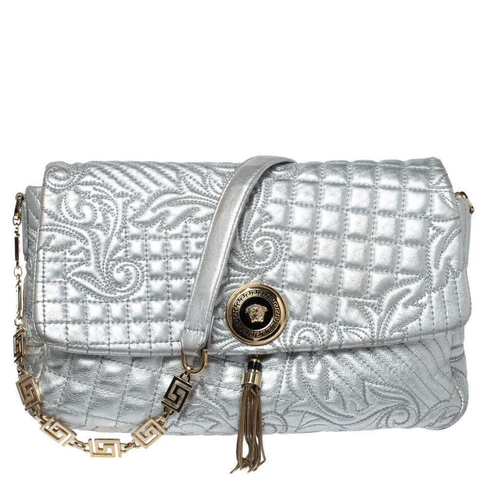 Pre Owned Versace Metallic Silver Barocco Leather Vanitas Medea Shoulder Bag