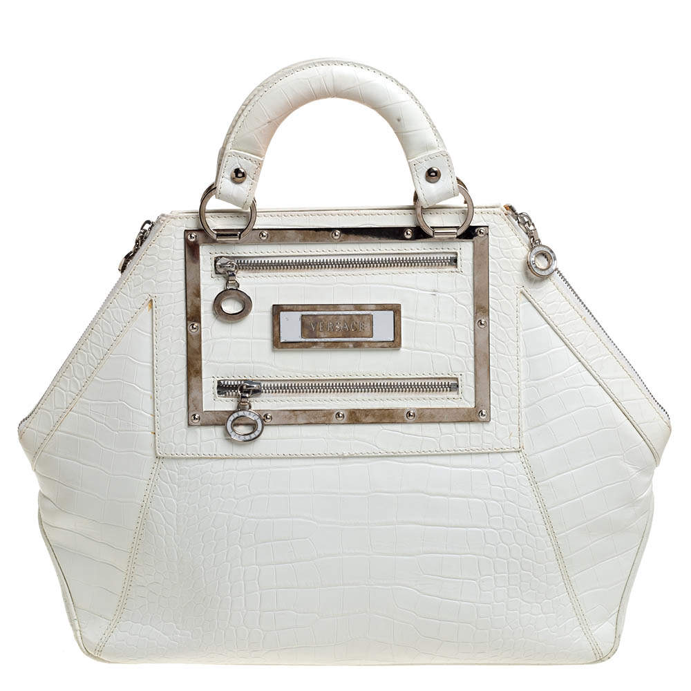 Pre Owned Versace White Croc Embossed Leather Hit Satchel