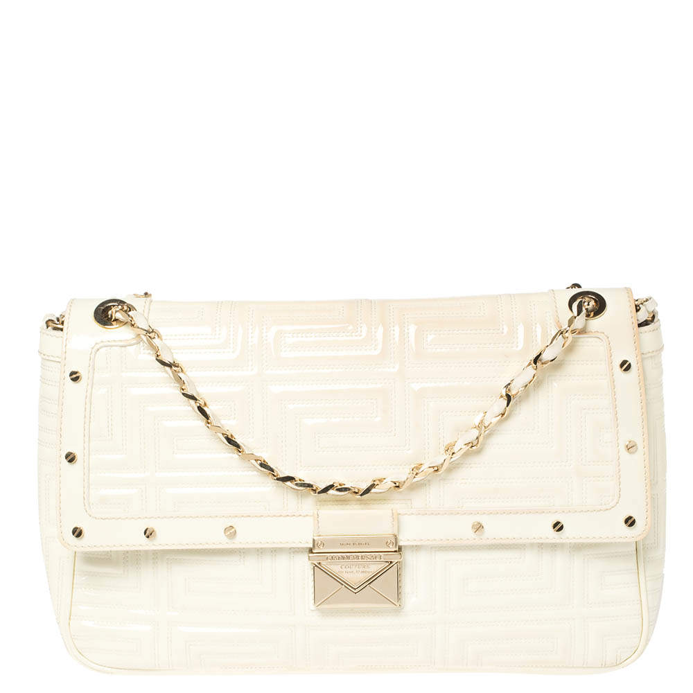 Gianni Versace White Quilted Patent Leather Flap Shoulder Bag