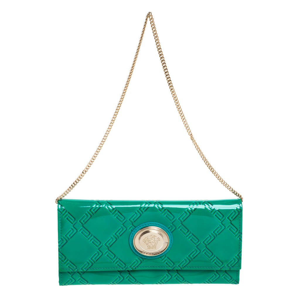 Pre Owned Versace Green Patent Leather Wallet On Chain
