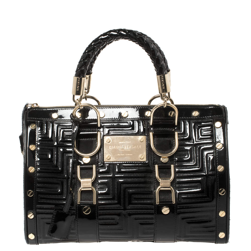 Versace Black Quilted Patent Leather Snap Out Of It Satchel
