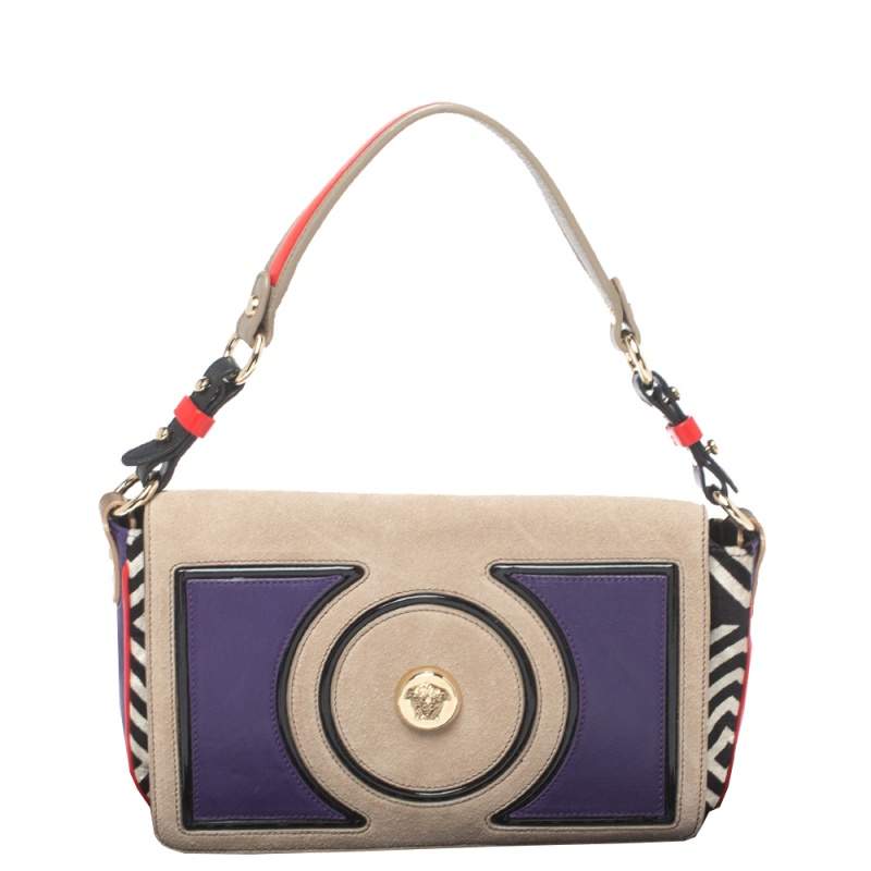 مملوكة مسبقًا Versace Multicolor Printed Leather, Velvet and Suede Palazzo Flap Shoulder Bag