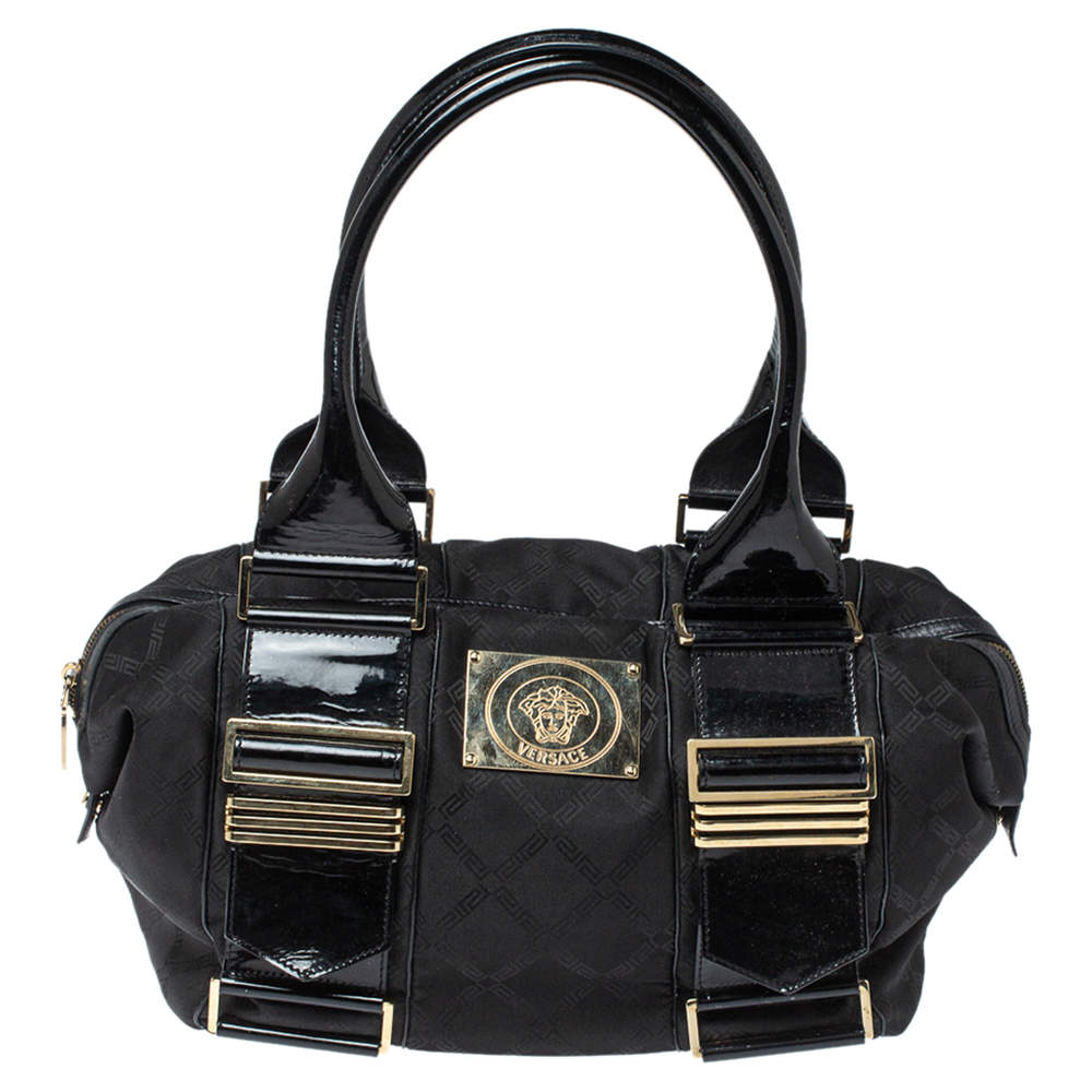 حقيبة فيرساتشي ميدوسا جلدلامع وقماش سوداء بالشعار
