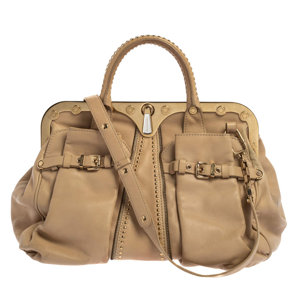 مملوكة مسبقًا Versace Beige Leather Studded Frame Satchel
