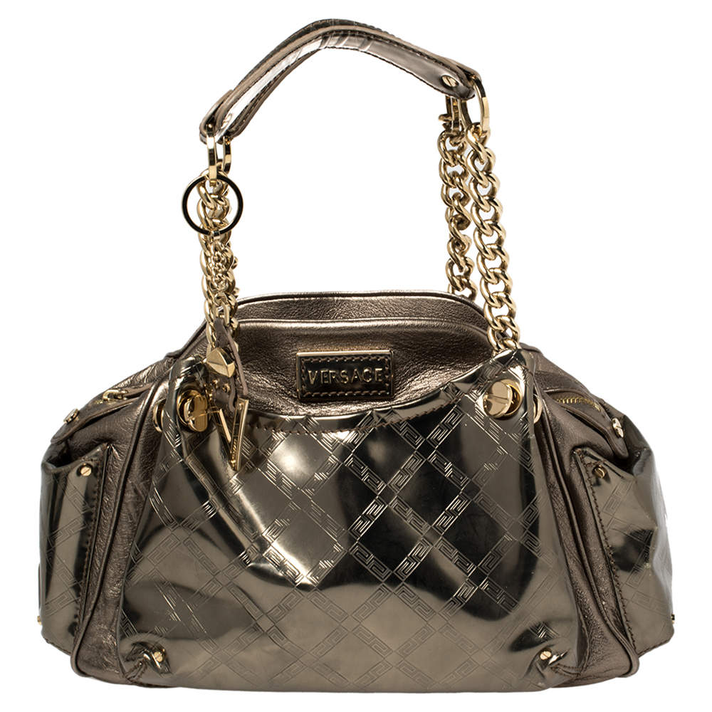 Pre Owned Versace Metallic Olive Green Signature Patent and Leather Chain Detail Satchel