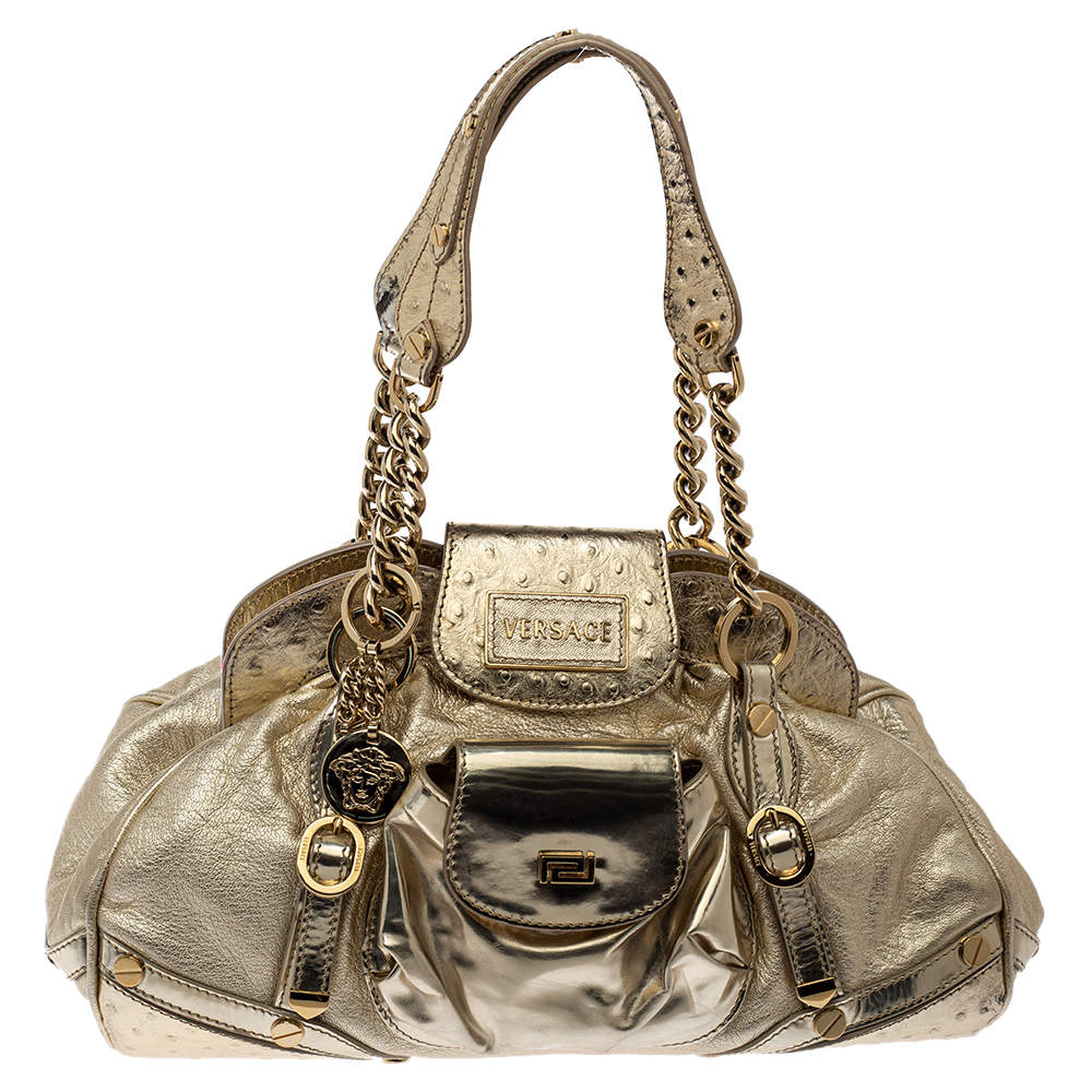 Versace Gold Patent and Ostrich Embossed Leather Chain Link Satchel