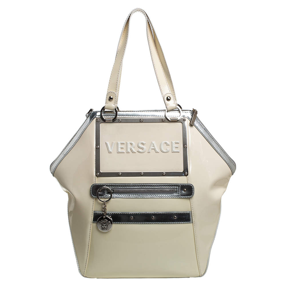 Pre Owned Versace Offf White/Silver Patent And Leather Hit Satchel