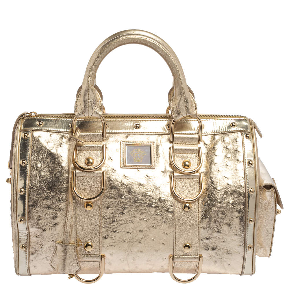 Versace Gold Ostrich Embossed Leather Snap Out Of It Satchel