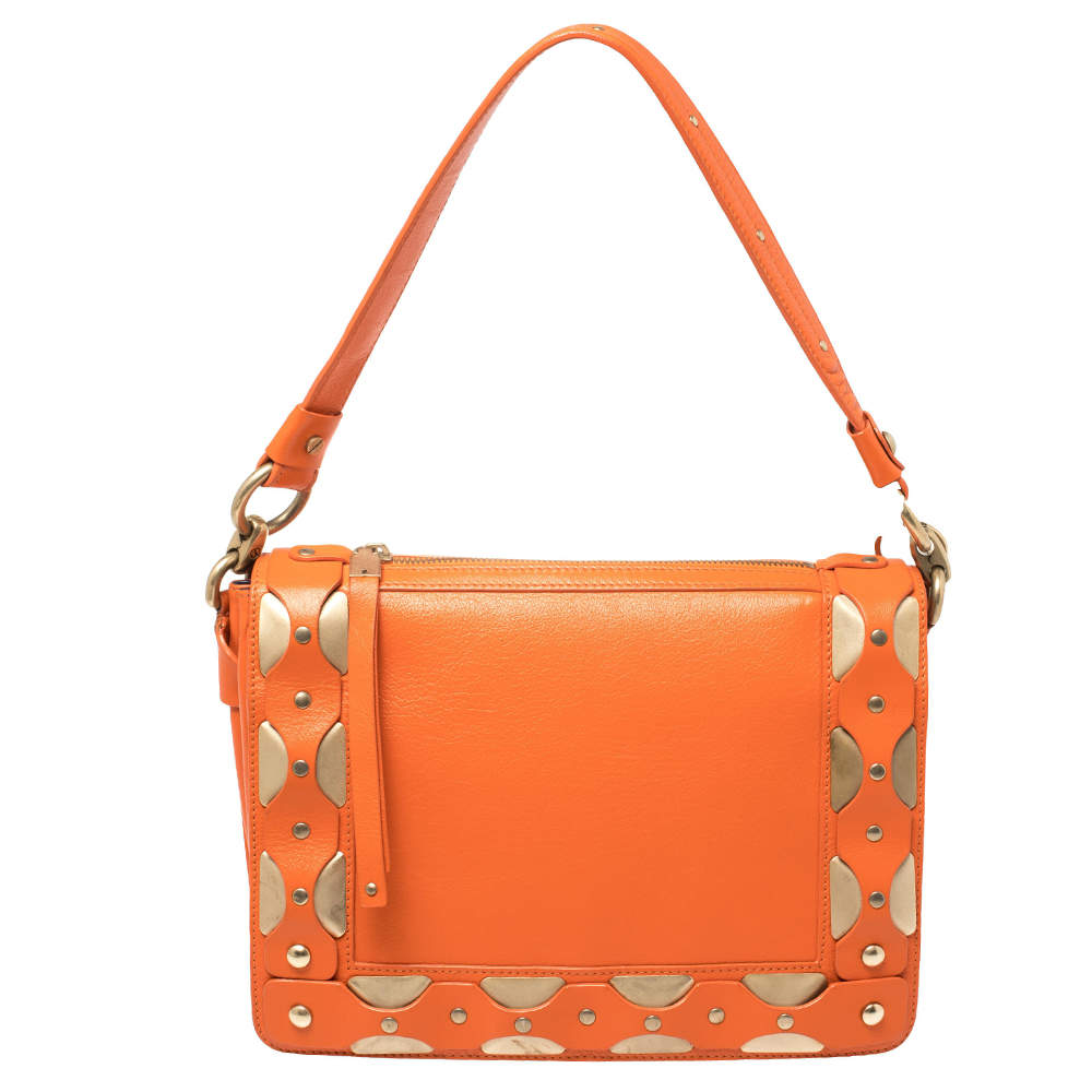 Pre Owned Versace Orange Leather Studded Flap Shoulder Bag