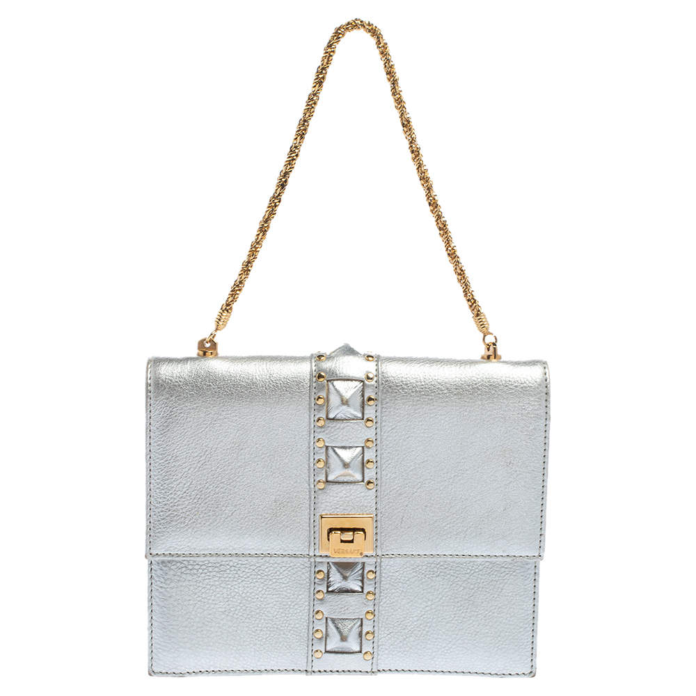 Versace Silver Leather Studded Flap Clutch