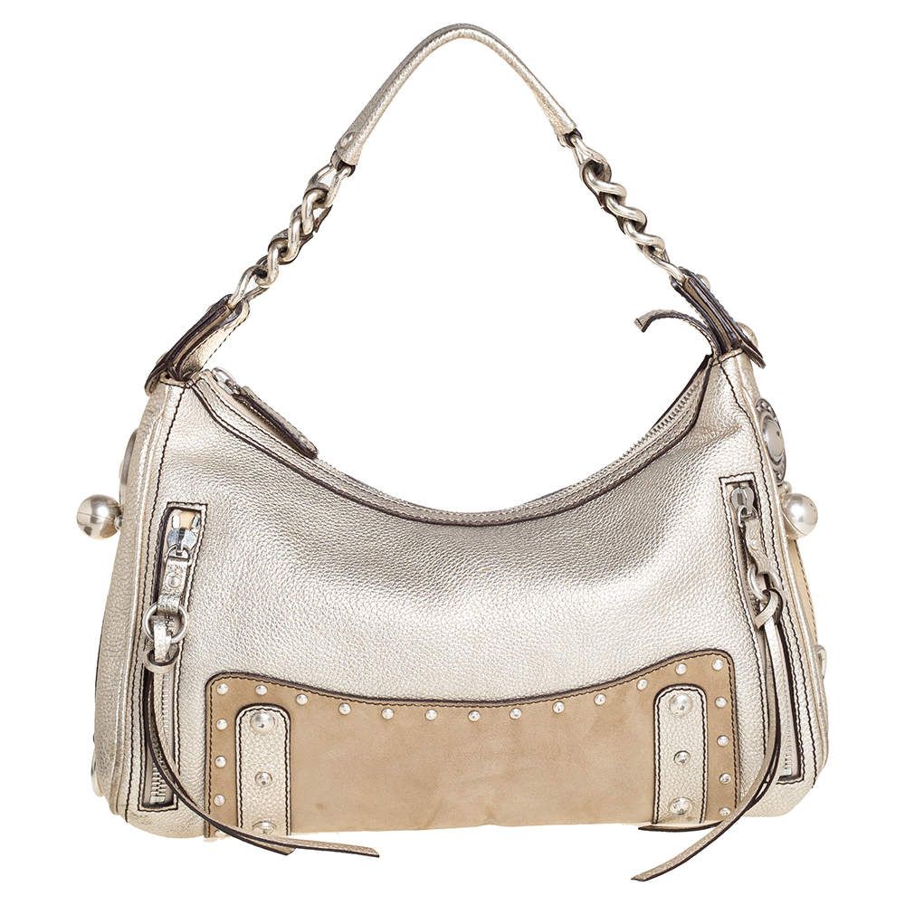 Versace Gold/Beige Leather and Suede Studded Hobo