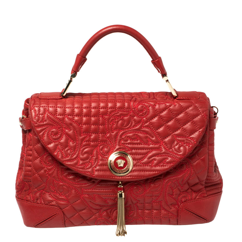 Versace Red Quilted Leather Altea Barocco Vanitas Top Handle Bag 